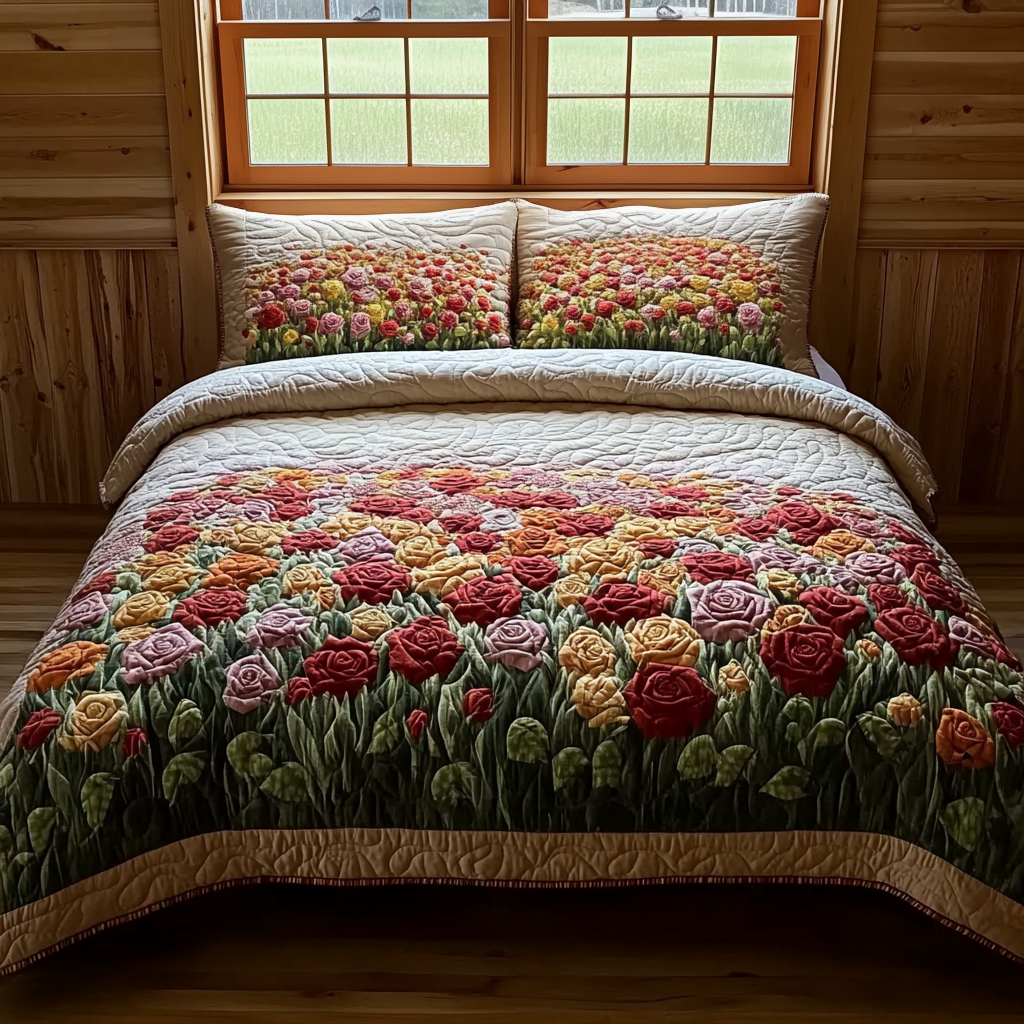 Wild Rose Landscape Quilted Bedding Set Aesthetic Room Decor Gift Ideas For Nature Lovers