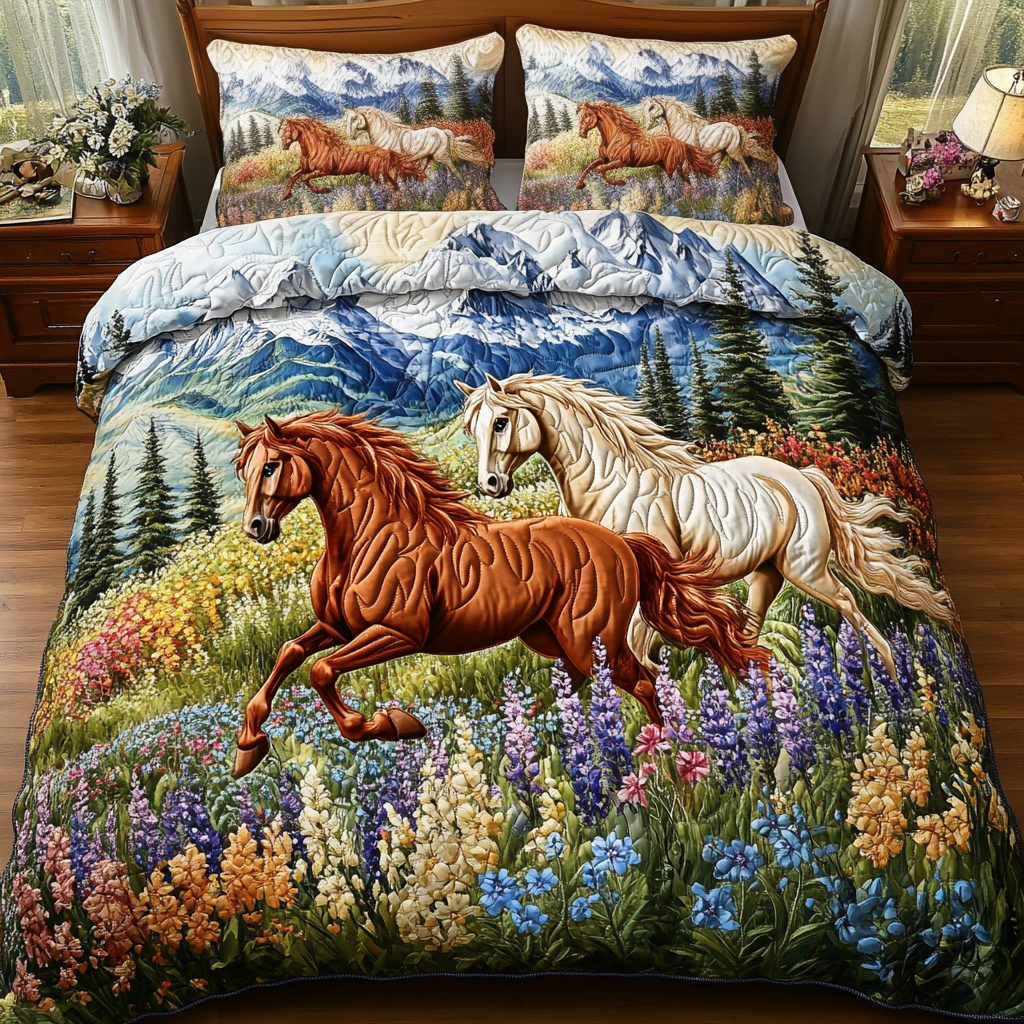 Wild Spirit Quilted Bedding Set Bed Decorations Gift For Horse Lover Woman