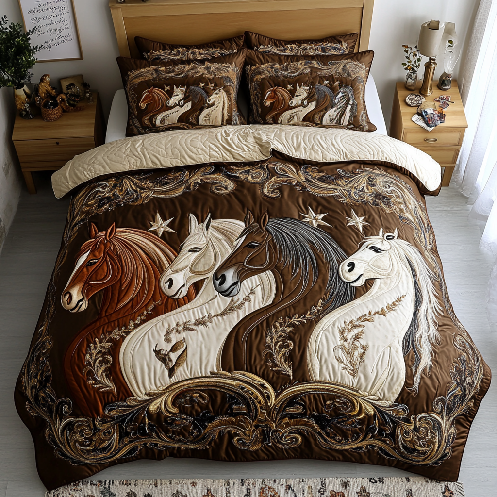 Wild Stallions Quilted Bedding Set Elegant Bedding Set Gift for Newlyweds
