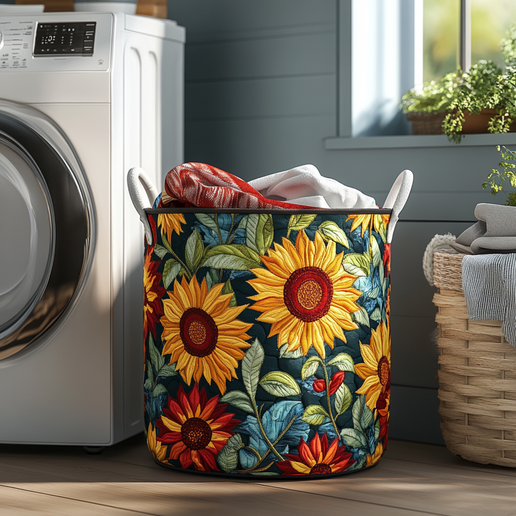 Wild Sunflower Quilted Laundry Basket Merch For Her