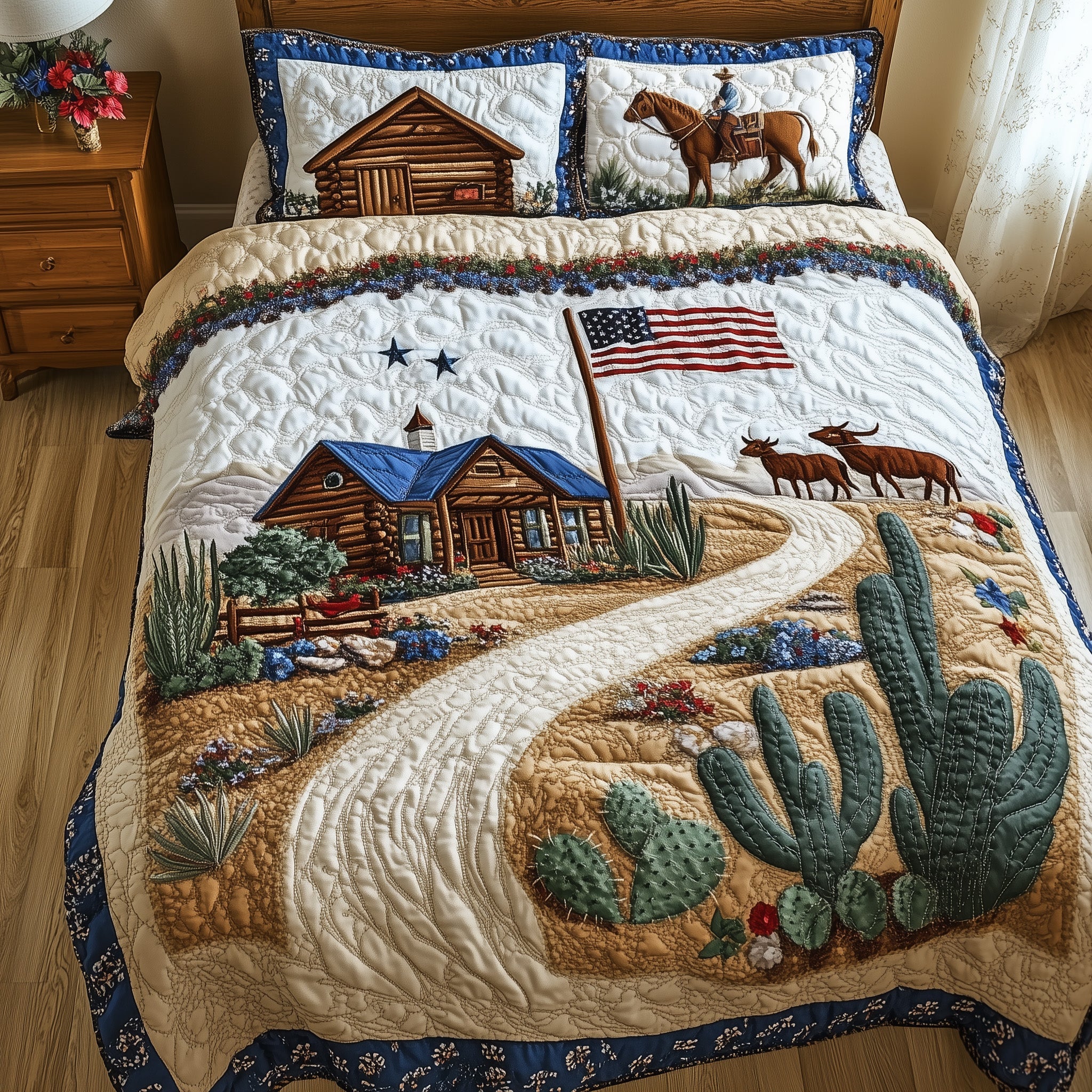 Wild Texas Dreams Quilted Bedding Set Duvet Cover Merchandise Cute Cactus Gifts