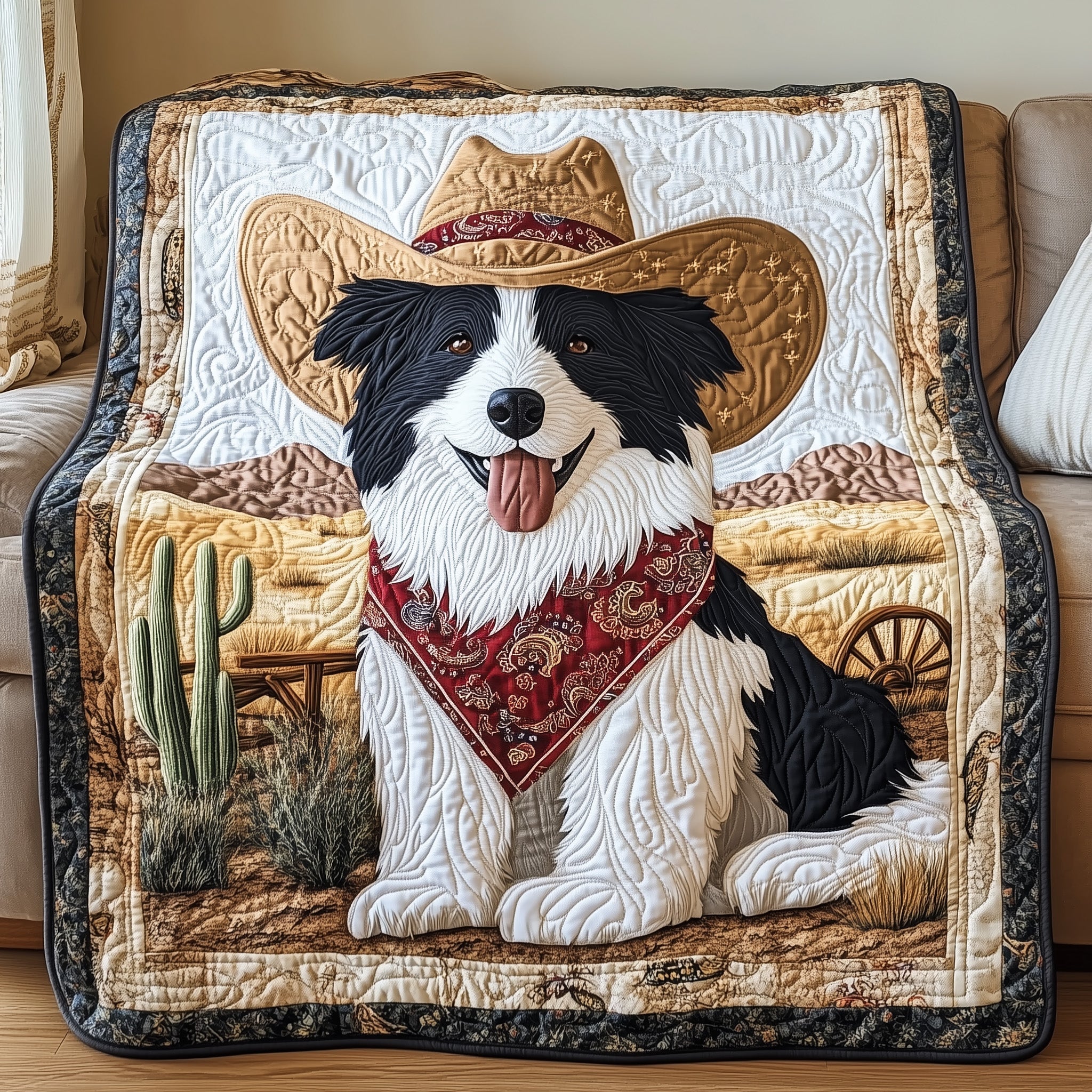 Wild West Collie Quilted Blanket Cute Bed BlanketFunny Presents For Dogs