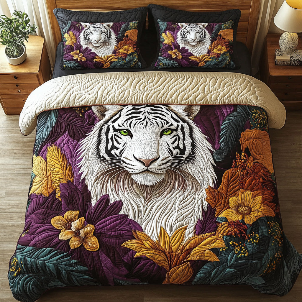 Wild White Tiger Quilted Bedding Set Best Bed Sheet Set Gifts For Tiger Lovers
