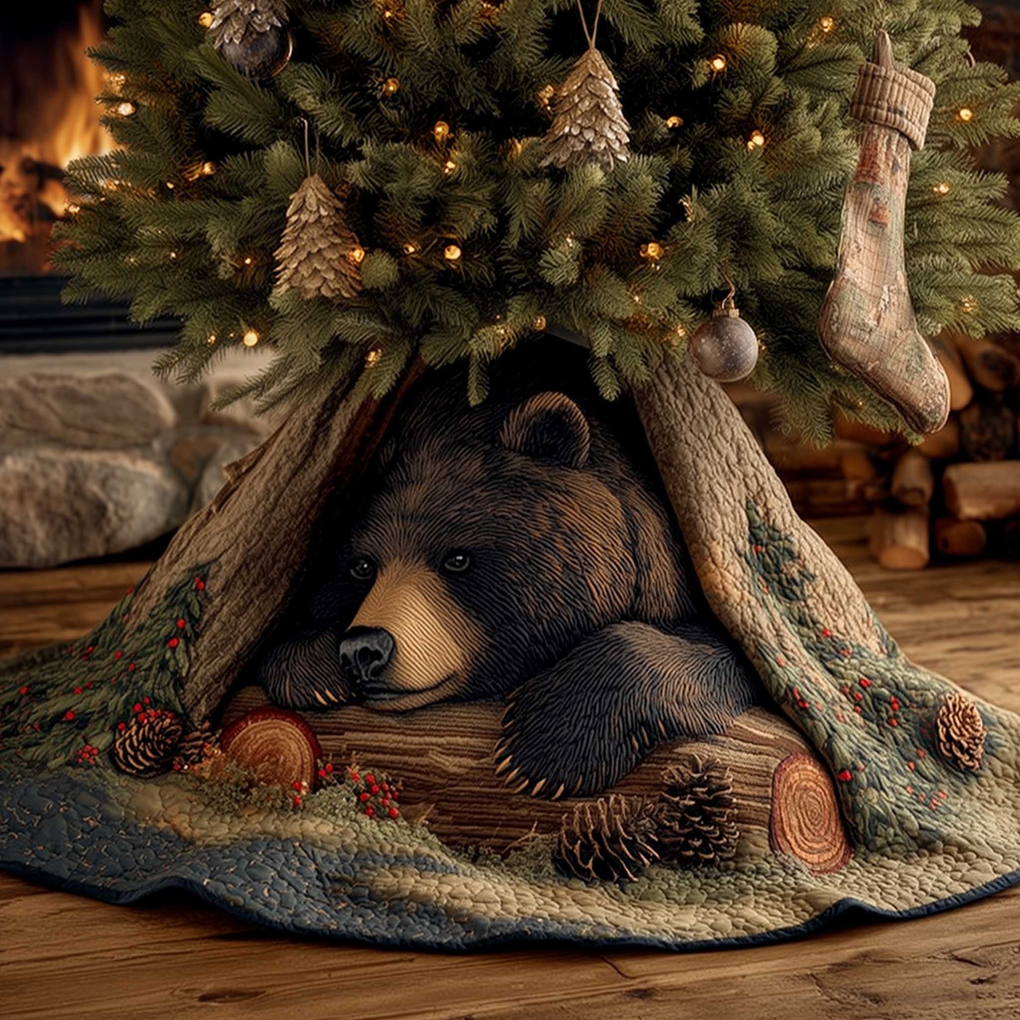 Wilderness Bear Christmas Quilted Tree Skirt Seasonal Home Decor Unique Xmas Presents
