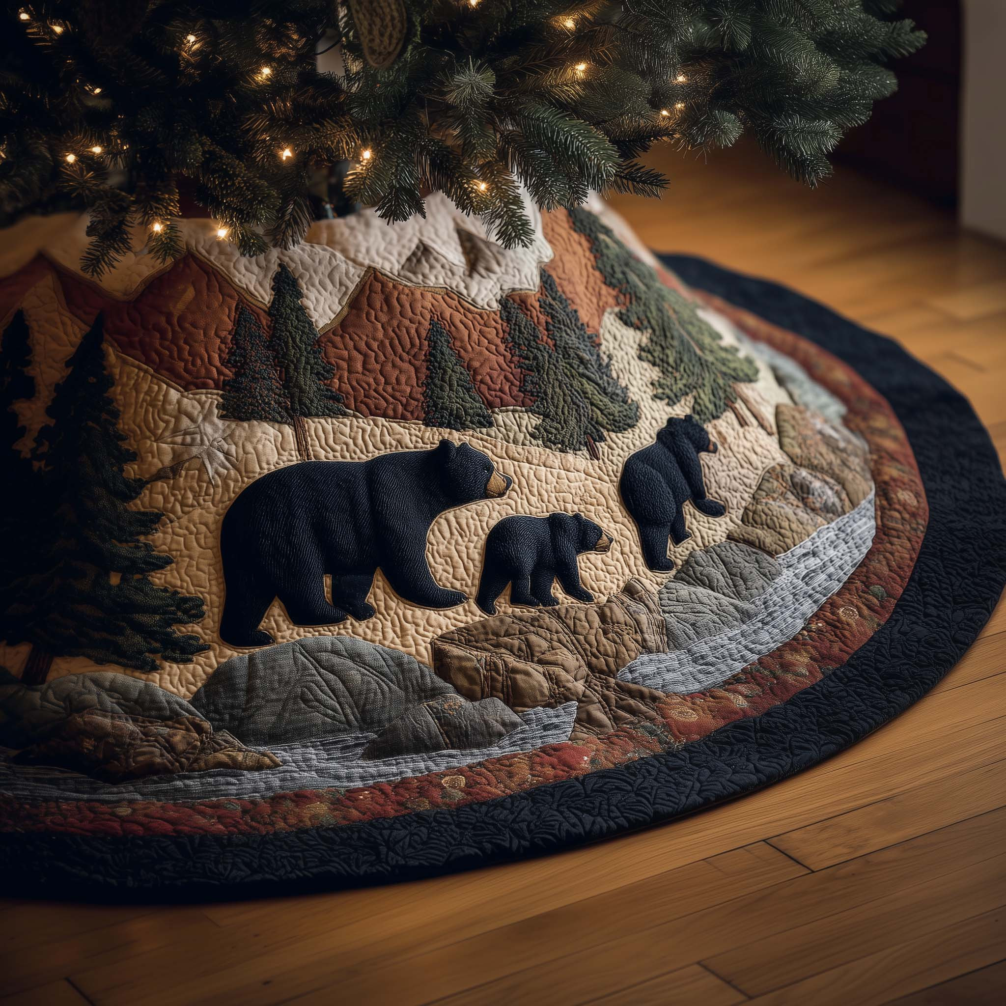 Wilderness Bear Family Quilted Tree Skirt Seasonal Home Decor Xmas Gifts For Bear Owners
