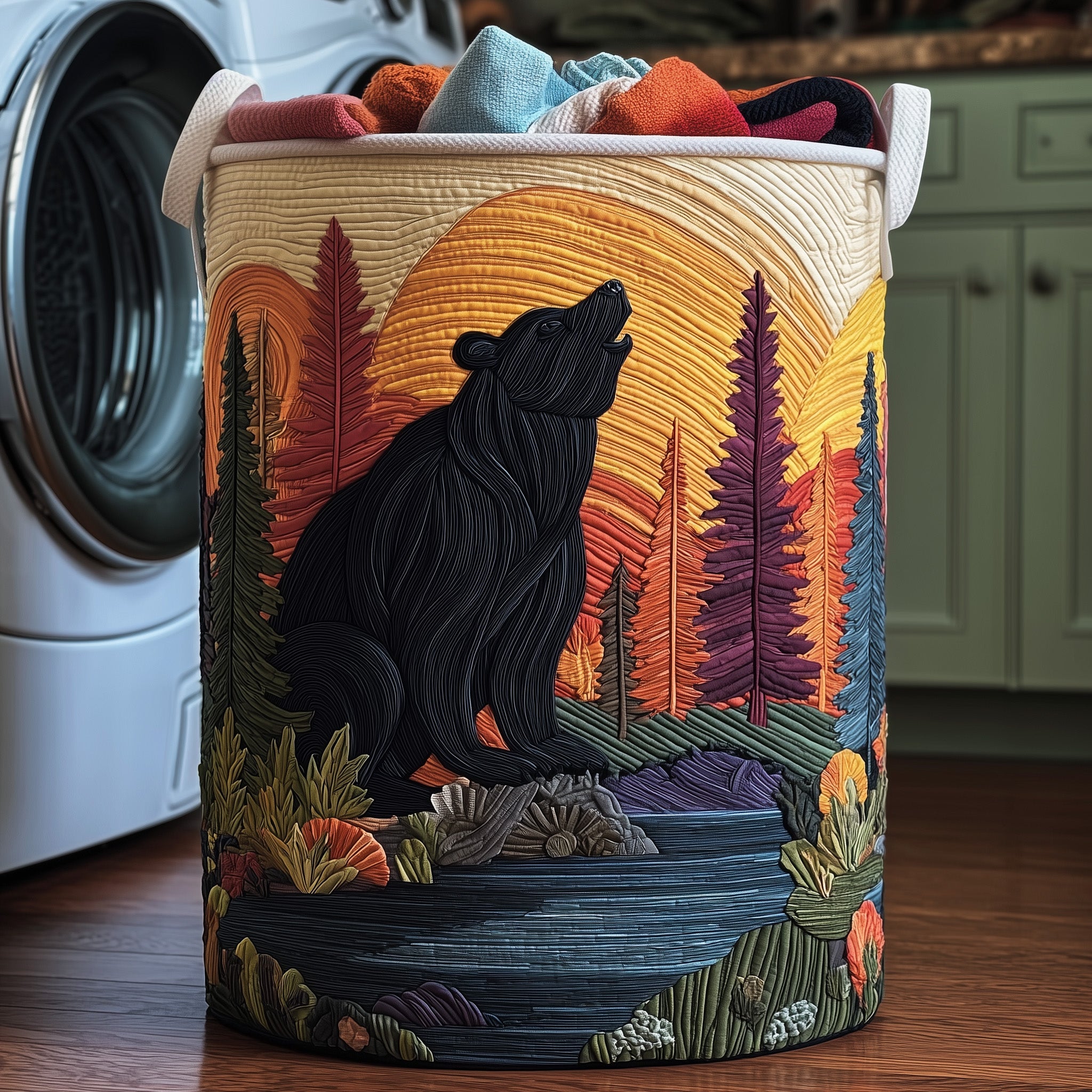 Wilderness Bear Quilted Laundry Basket Perfect Gift For College Dorm