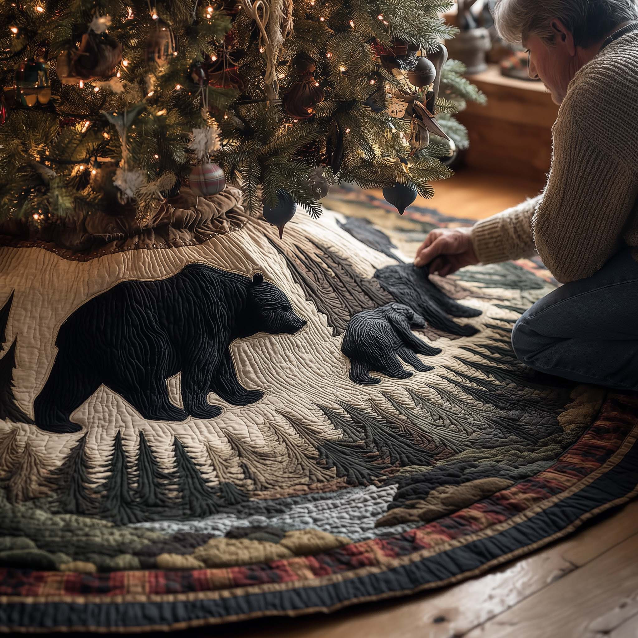 Wilderness Bear Quilted Tree Skirt Indoor Xmas Decorations Bear Owner Xmas Gift