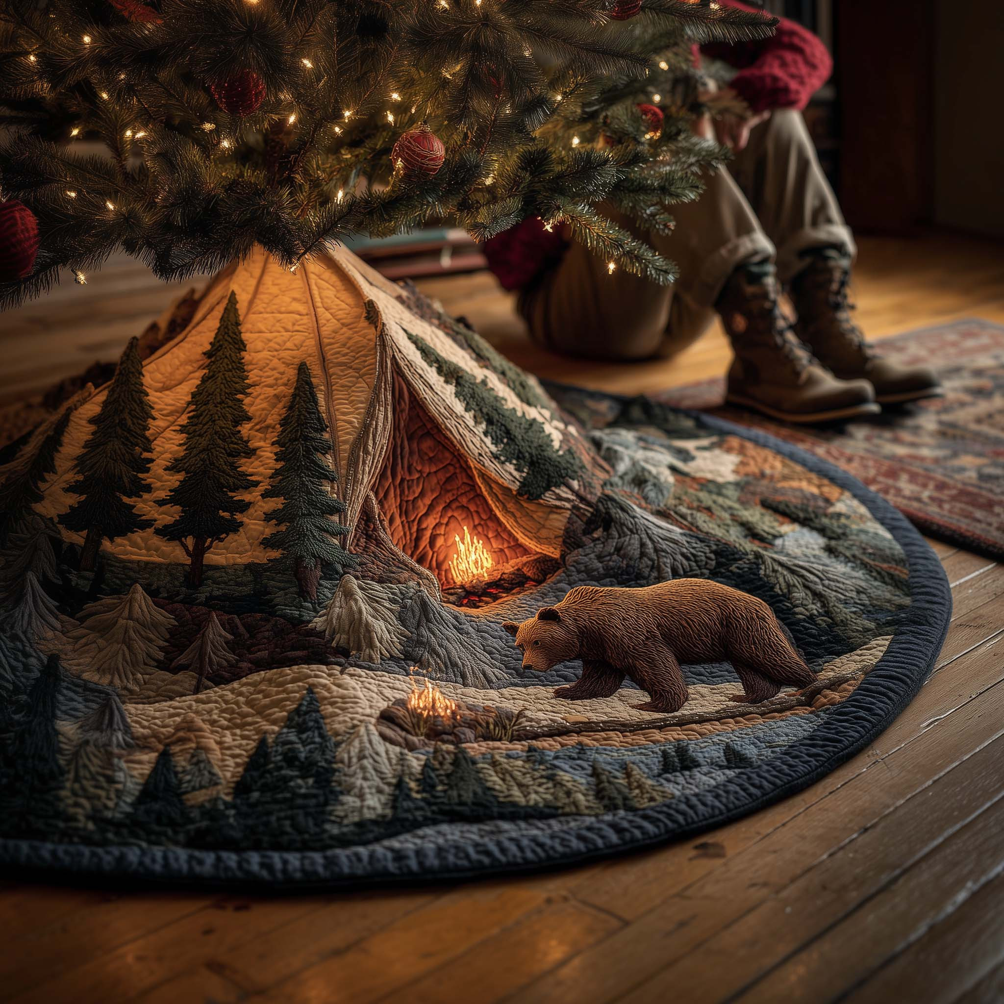 Wilderness Bear Quilted Tree Skirt Indoor Xmas Decorations Unique Bear Owner Gifts