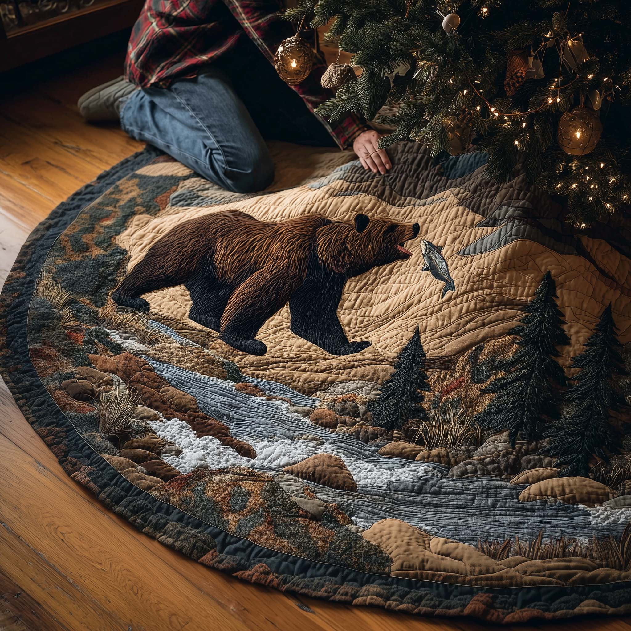 Wilderness Bear Quilted Tree Skirt Indoor Xmas Decorations Xmas Gift For Bear Owners