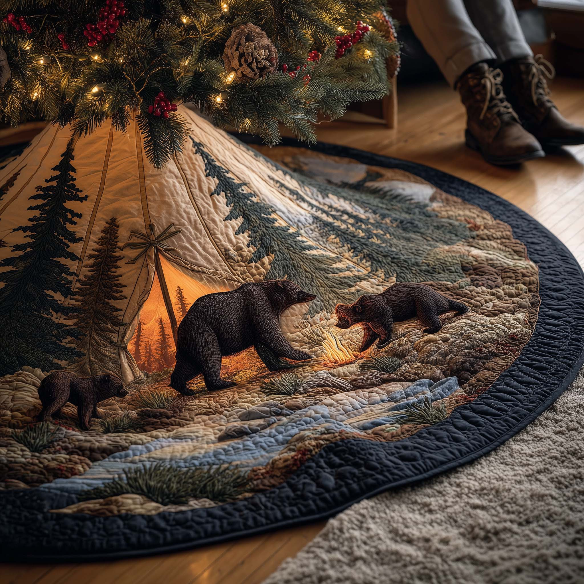 Wilderness Bear Quilted Tree Skirt Seasonal Home Decor Best Gifts For Christmas