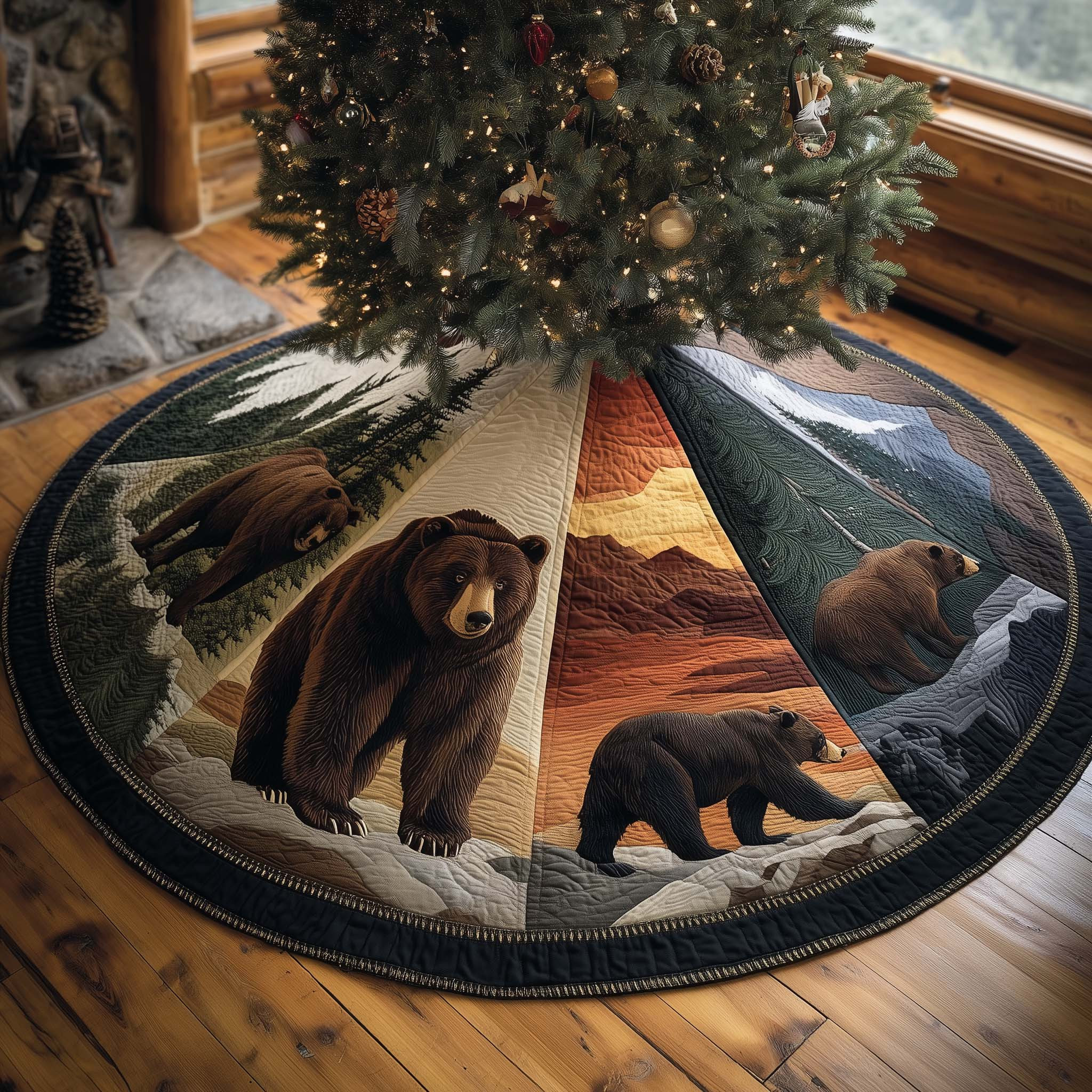 Wilderness Bear Quilted Tree Skirt Seasonal Home Decor Christmas Gifts For Bear Lover