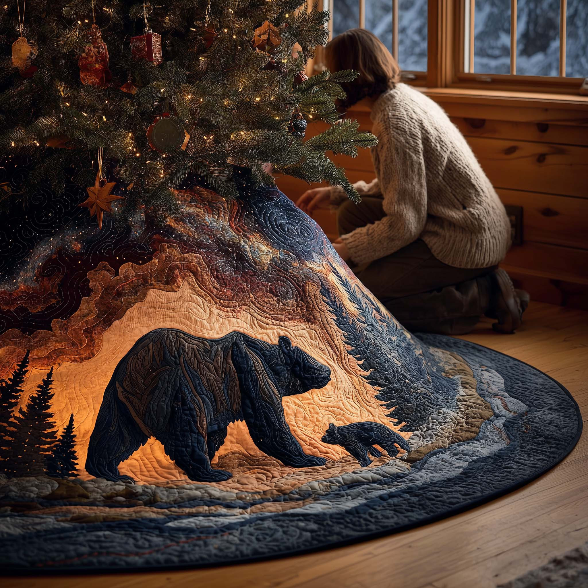 Wilderness Bear Quilted Tree Skirt Winter Decor Christmas Gifts For Bear Lover
