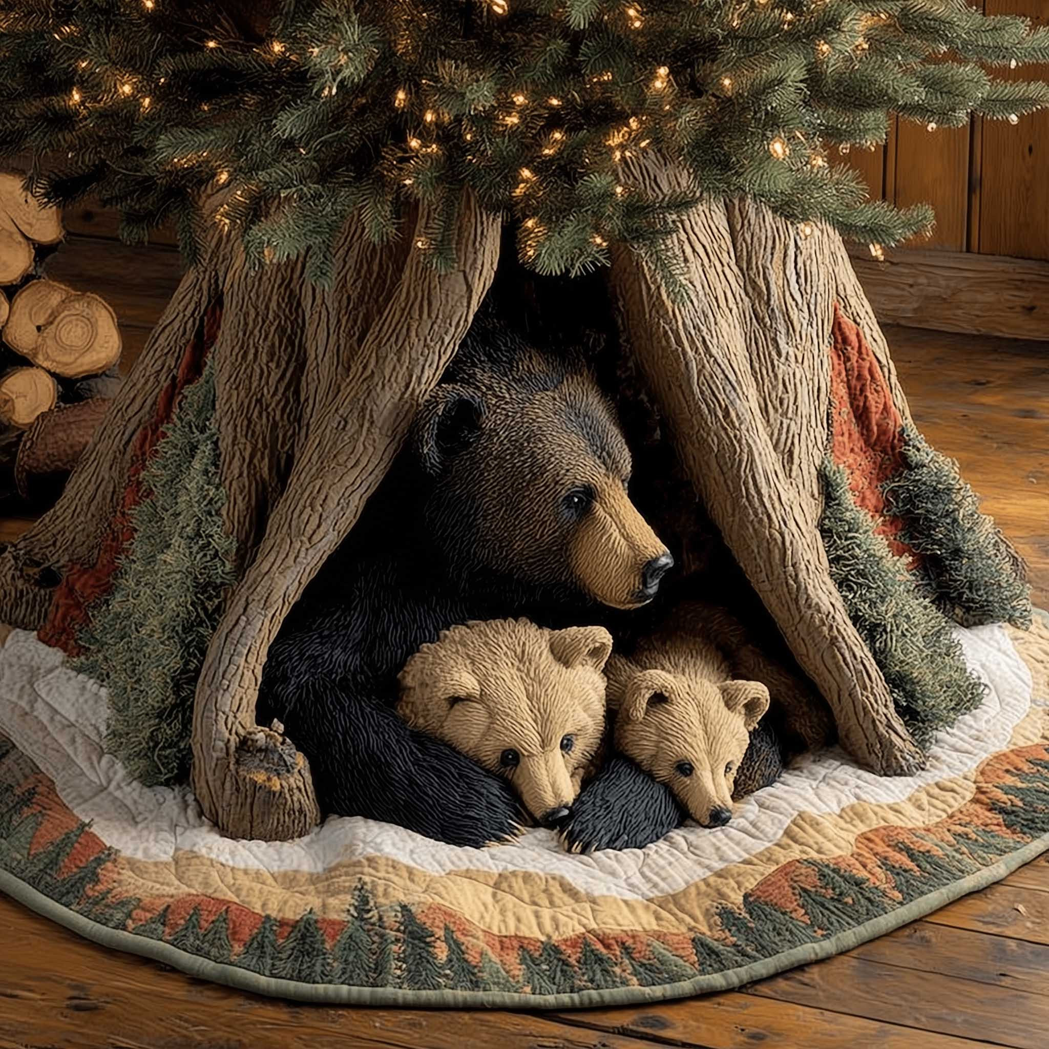 Wilderness Cozy Bear Quilted Tree Skirt Seasonal Home Decor Christmas Gifts For Bear Owners