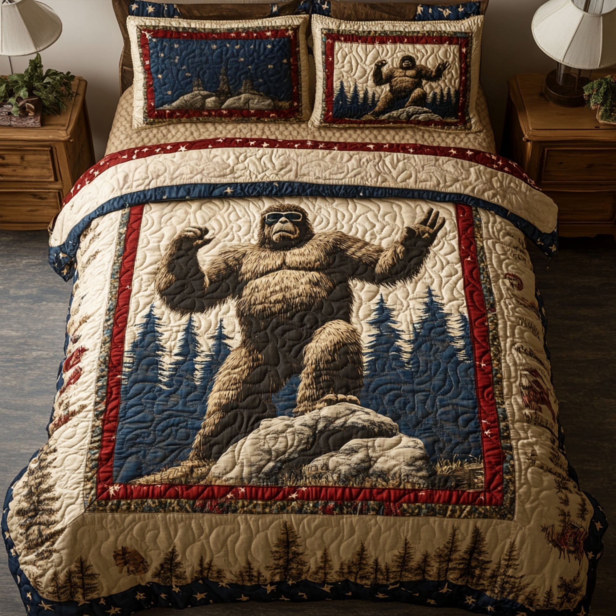 Wilderness Patriot Quilted Bedding Set Bedroom Decorations Gifts For People Who Like Bigfoot