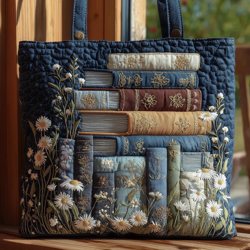 Wildflower Book Collection Quilted Tote Bag Bookshelf Daisy Floral Literary Reader Gift For Mom