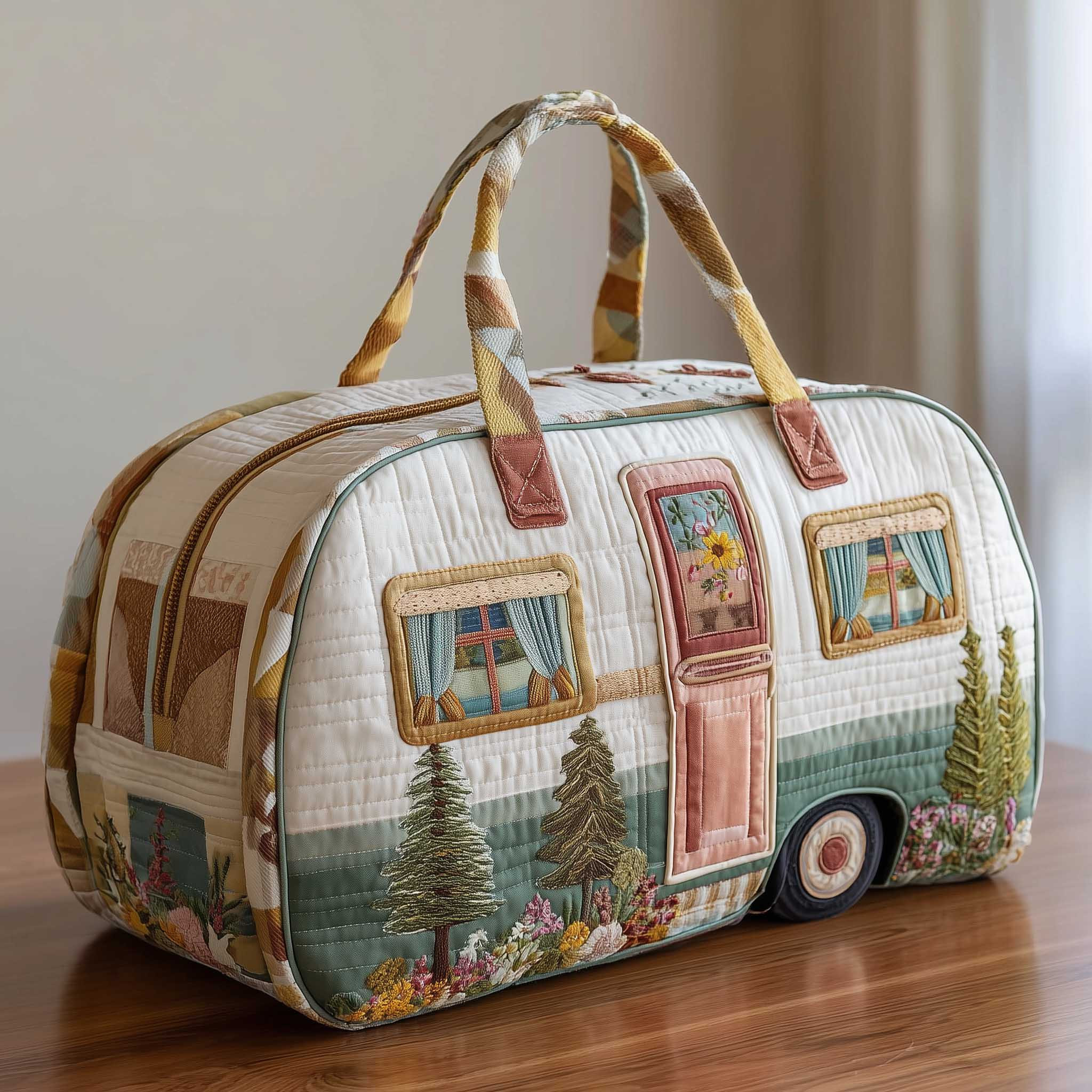 Wildflower Camper Quilted Duffle Bag Boho Sage Pine Trees Best Gift For Camper Lovers