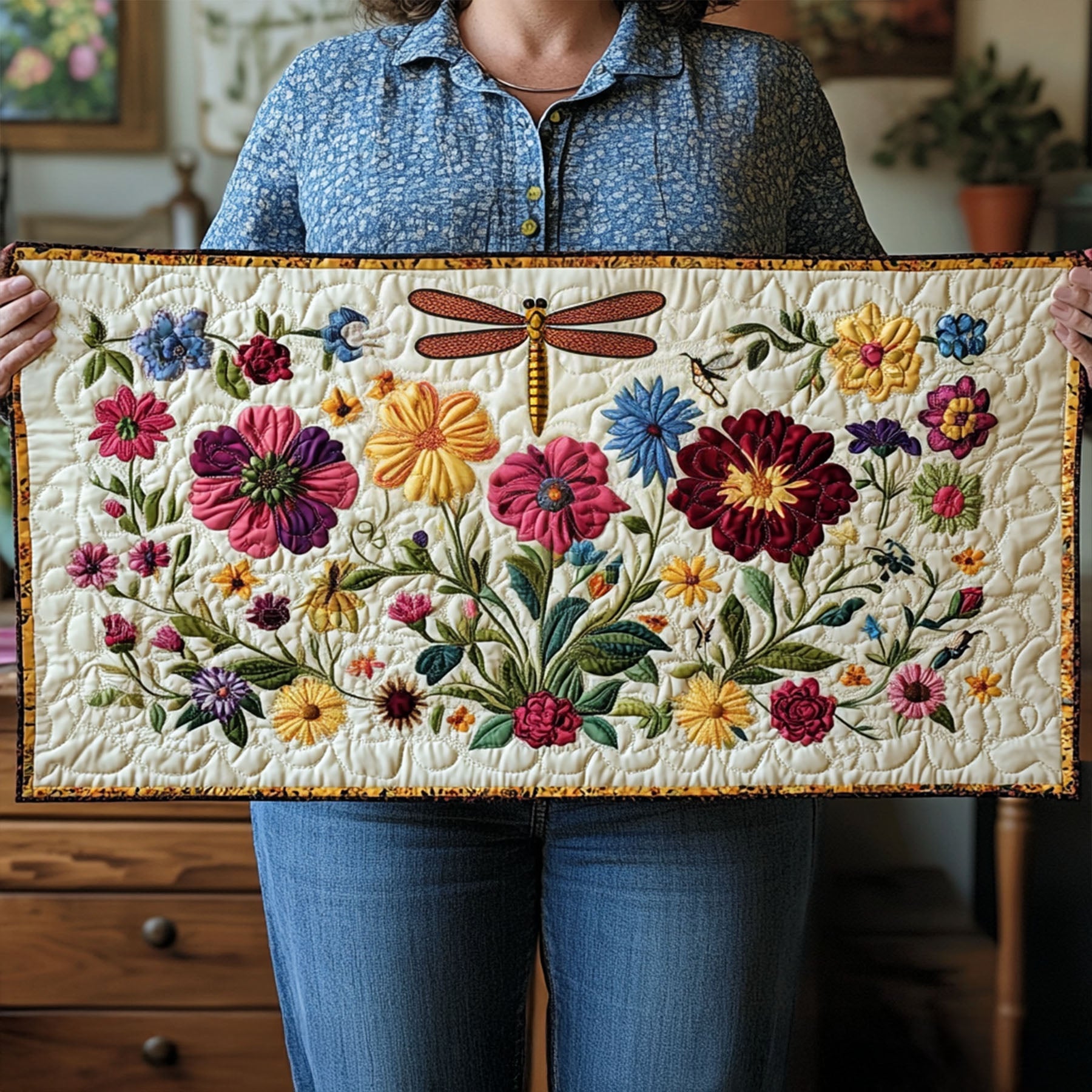 Wildflower Harmony Quilted Table Runner Dinner Table Decor Dragonfly Gift Ideas