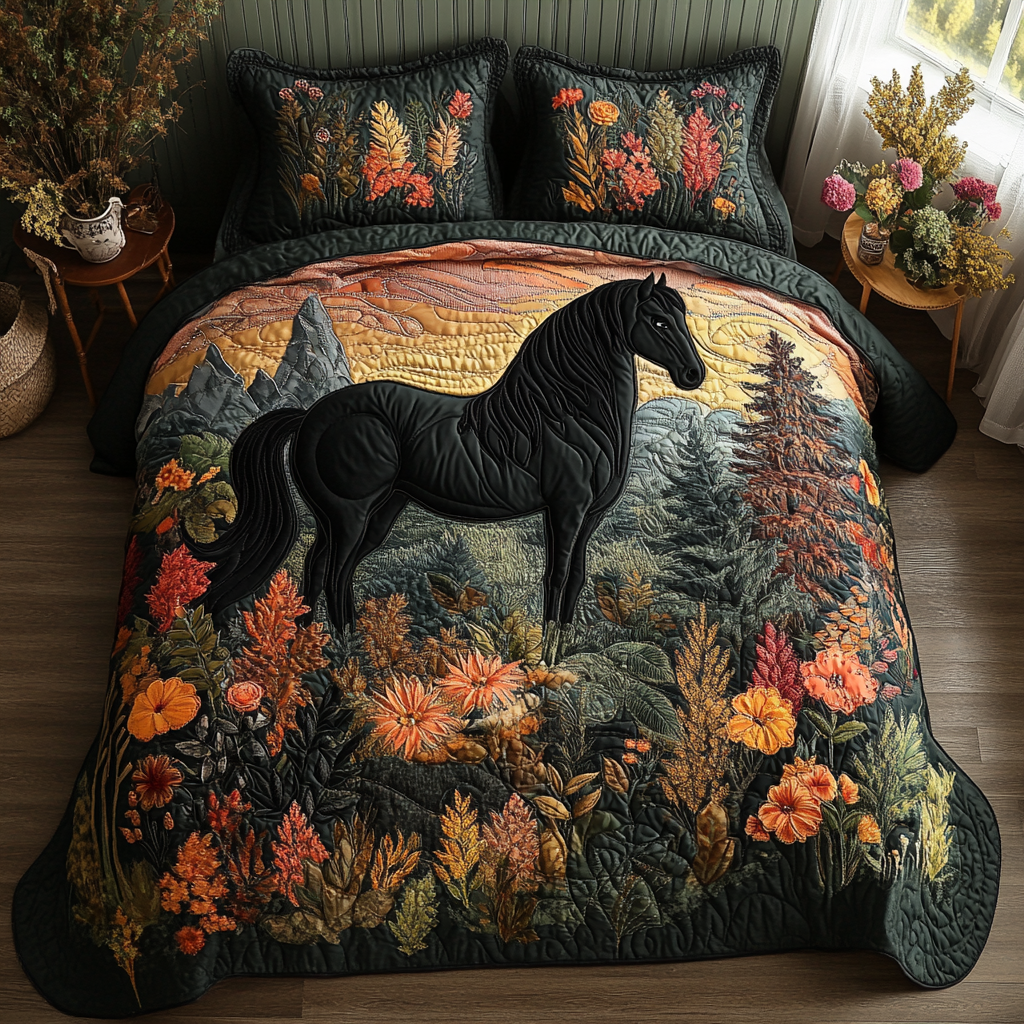 Wildflower Hooves Quilted Bedding Set Bed Decorations Horse Themed Gifts For Adults