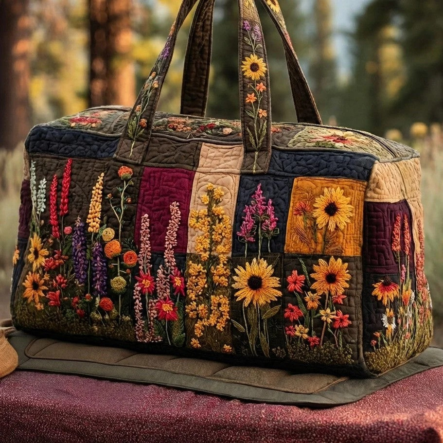 Wildflower Meadow Sunflower Quilted Duffle Bag Boho Travel Bag Best Gift For Wildflower Lovers