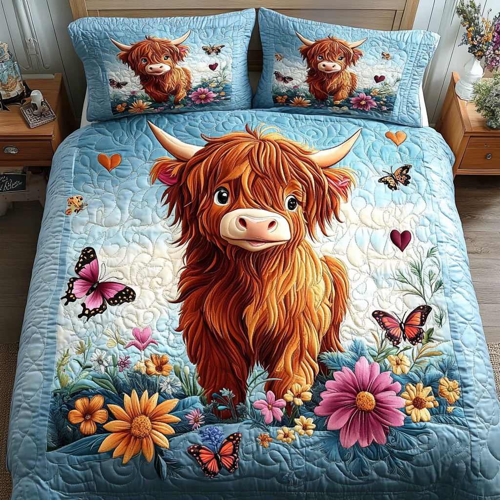 Wildflower Moo Quilted Bedding Set Bedroom Decor Ideas Highland Cattle Gifts For Her