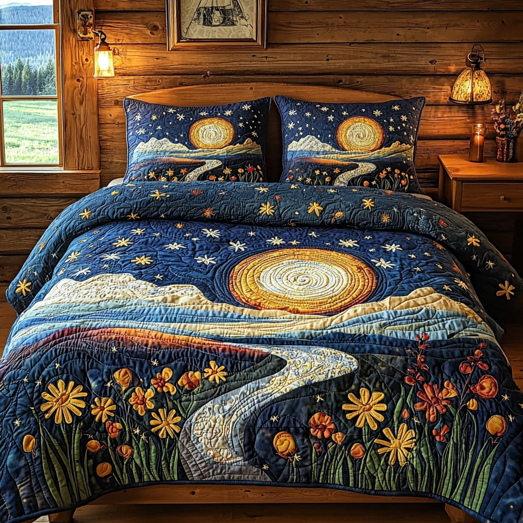 Wildflower Moonlight Quilted Bedding Set Cozy Bedroom Decor Presents For Nature Lovers