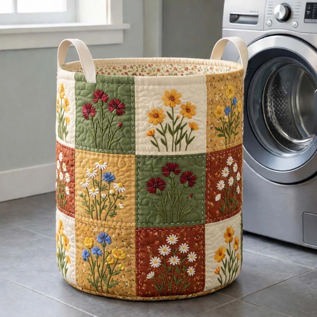 Wildflower Patchwork Field Quilted Laundry Basket Rustic Home Decor Best Gift For Flower Lovers