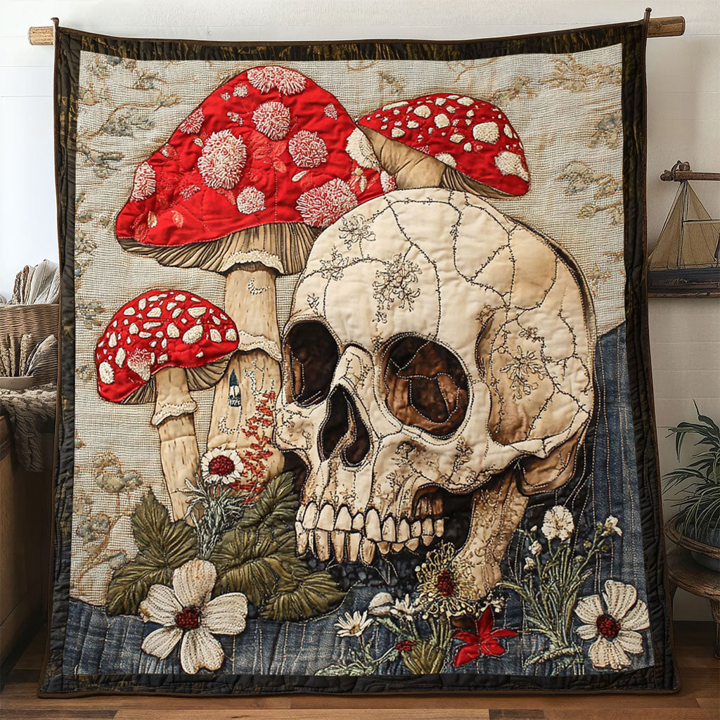 Wildflower Skull Quilt Blanket Christmas Throws Gifts For Mushroom Lovers