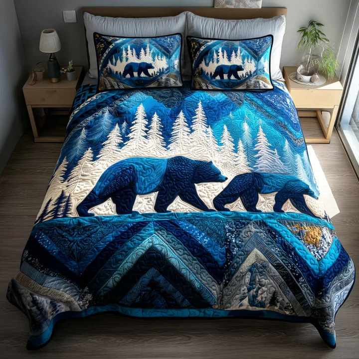 Wildgrain Bear 3-Piece Quilted Bedding Set Rustic Wildlife Bedspread Best Gift For Bear Lovers