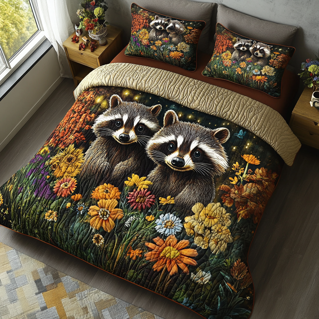 Wildwood Wanderer Quilted Bedding Set Holiday Season Duvet Cover Set Cute Raccoon Gifts
