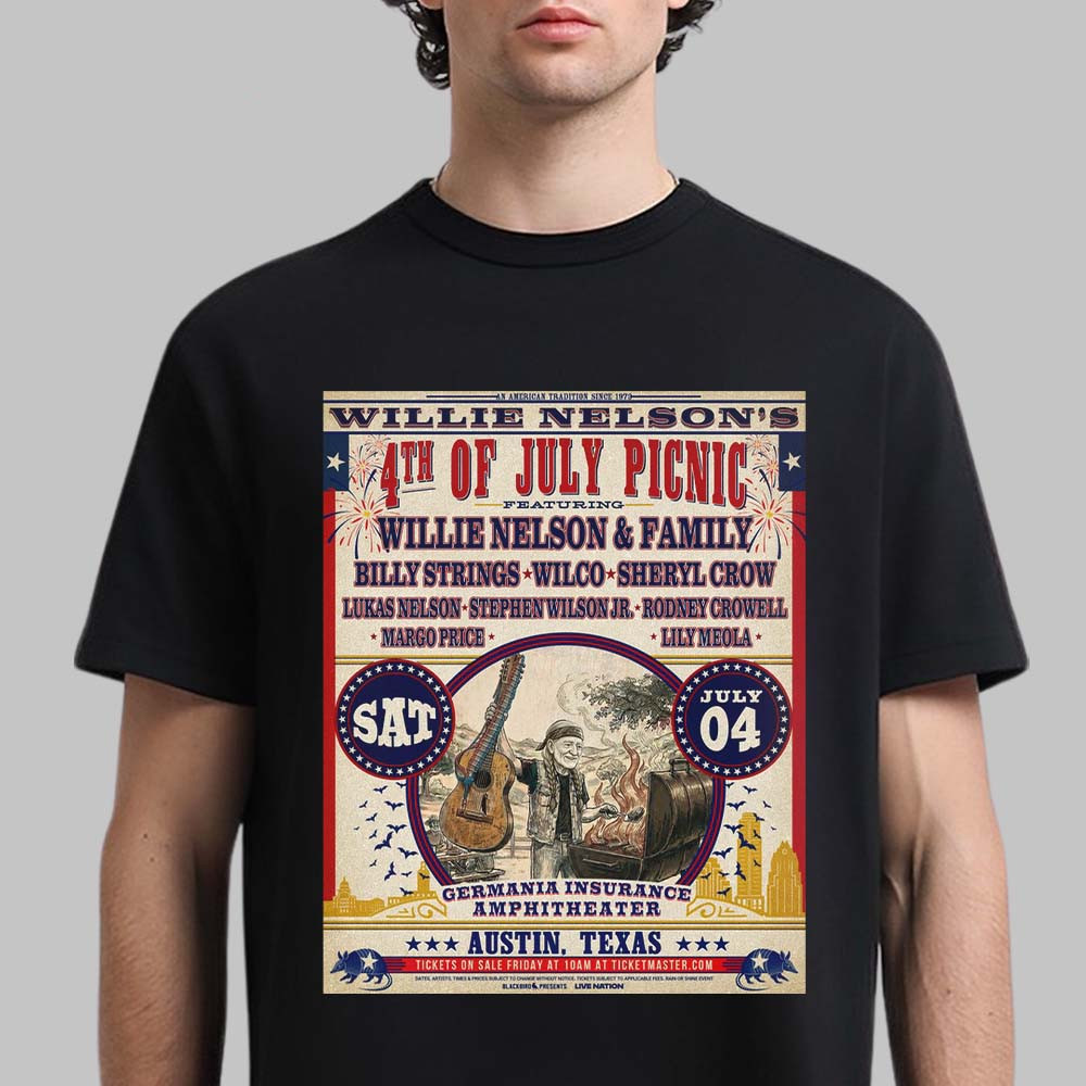 Willie Nelson 4th Of July Picnic 2026 Show Poster T-Shirt Wilco Austin 2026 Concert Merch Fan Gift