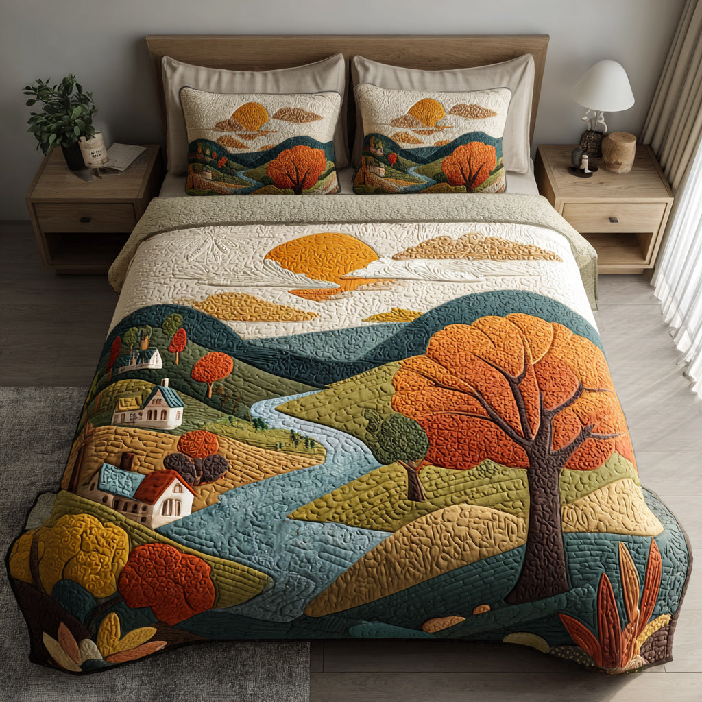 Winding River Sunset Quilted Bedding Set Unique Bed Sheet Set Gift Ideas For Fall
