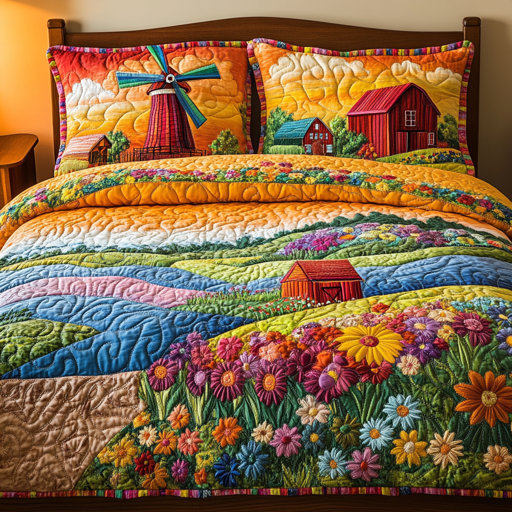 Windmill Delight Quilted Bedding Set Bed Room Decoration Christmas Gifts For Flower Lovers