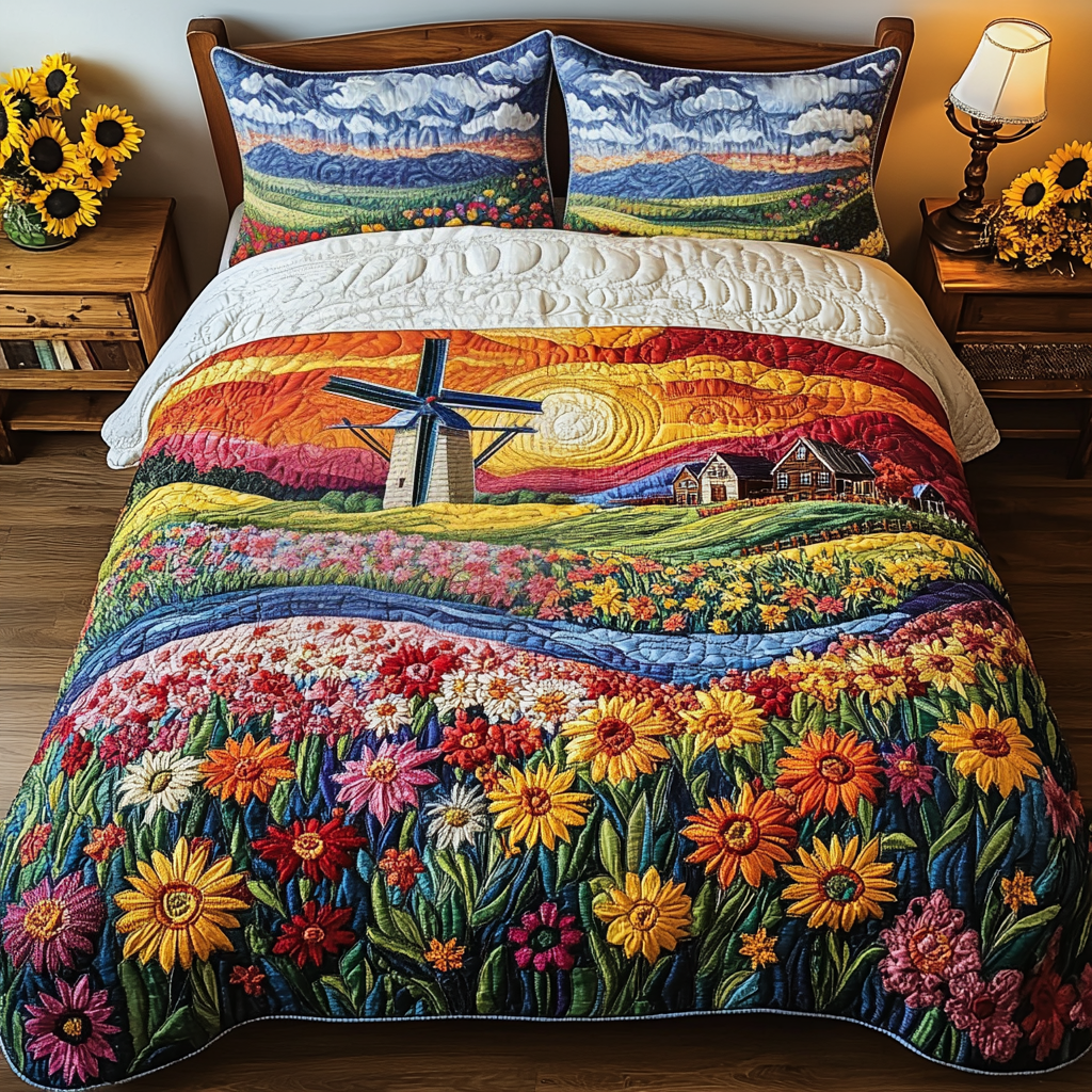 Windmill Dream Quilted Bedding Set Cozy Bedroom Decor Best Gifts For Flower Lovers
