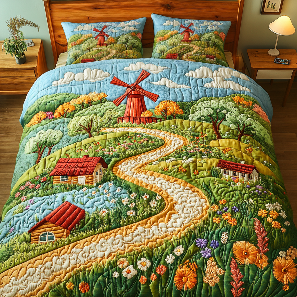 Windmill Dreams Quilted Bedding Set Lightweight Duvet Cover Set for Year-Round Comfort