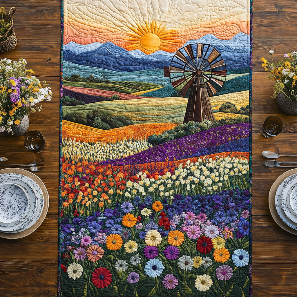 Windmill Dreams Quilted Table Runner Dining Room Decor Unique Gifts For Nature Lovers