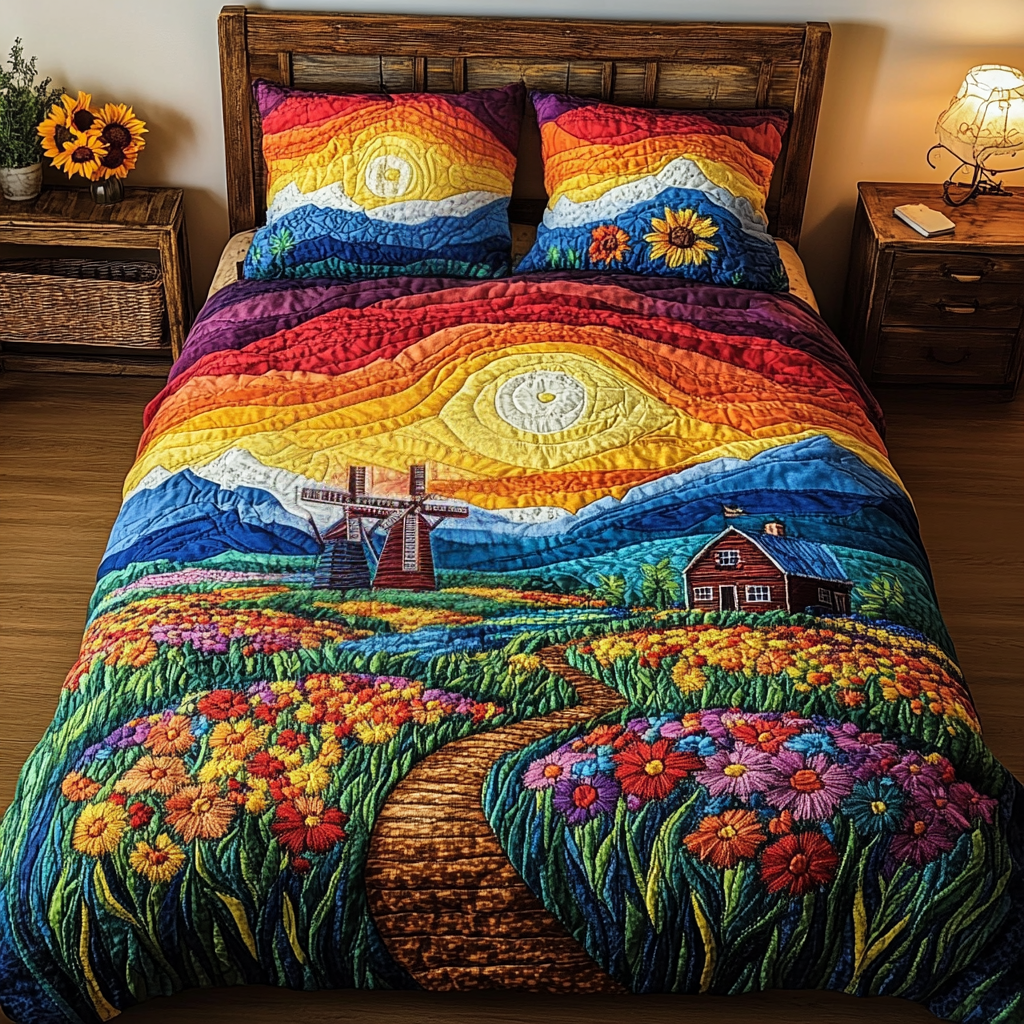 Windmill Garden Quilted Bedding Set Aesthetic Room Decor Gifts For The Flower Lover