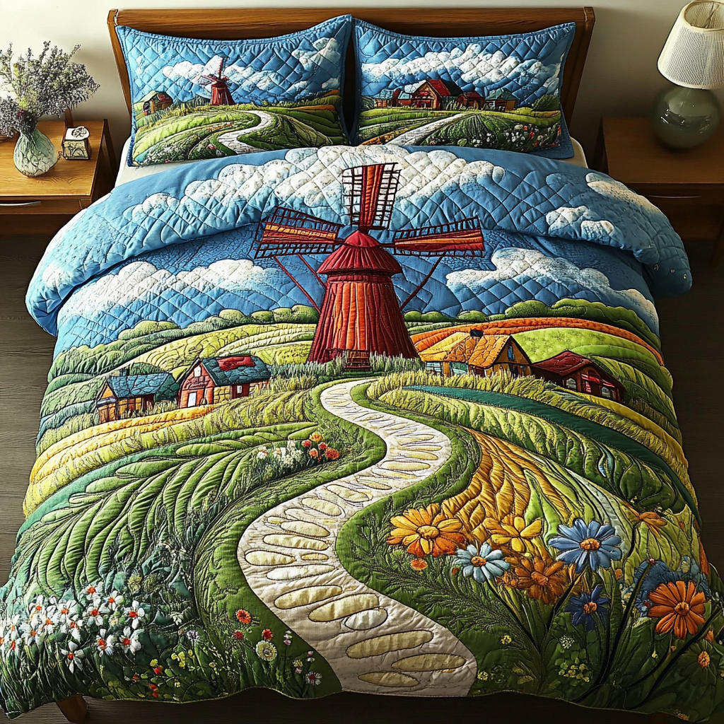 Windmill Garden Quilted Bedding Set Stylish Bedding Merch Gift for Home Lovers