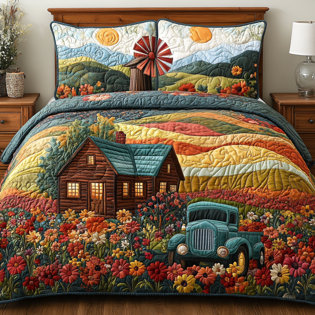 Windmill Landscape Quilted Bedding Set Best Bed Sheet Set Tractor Gifts For Dad Farmers