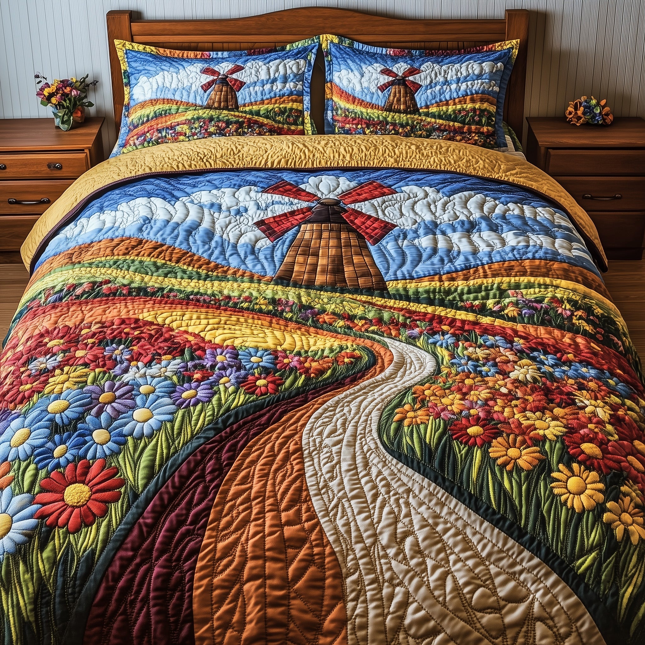 Windmill Quilted Bedding Set Duvet Cover Merchandise Household Gifts For Couples
