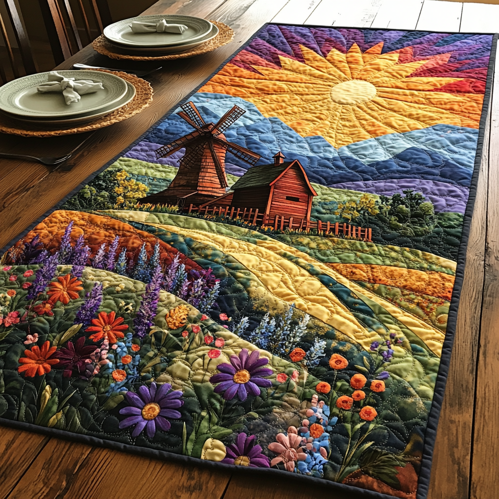 Windmill Serenity Quilted Table Runner Dinner Table Decor Gift For Nature Lovers