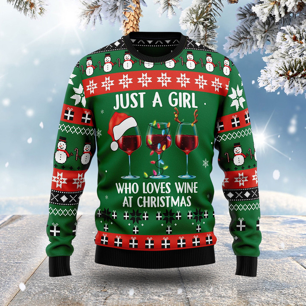 Wine Just A Girl Who Loves Christmas Ugly Sweater Snowman Design Xmas Gifts For Men