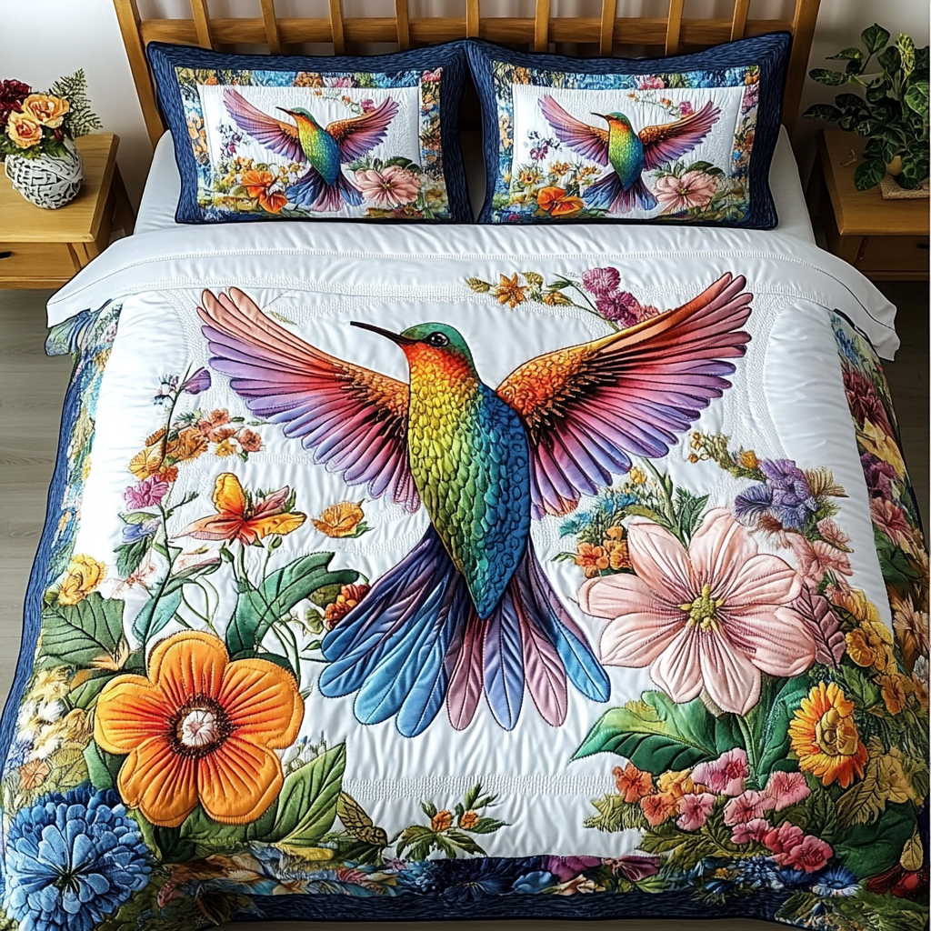 Winged Dream Quilted Bedding Set Cute Bedroom Decor Unique Gifts For Hummingbird Lovers