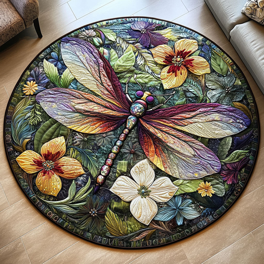 Winged Harmony Quilted Round Mat Outdoor Entryway Decor Unusual Dragonfly Gifts