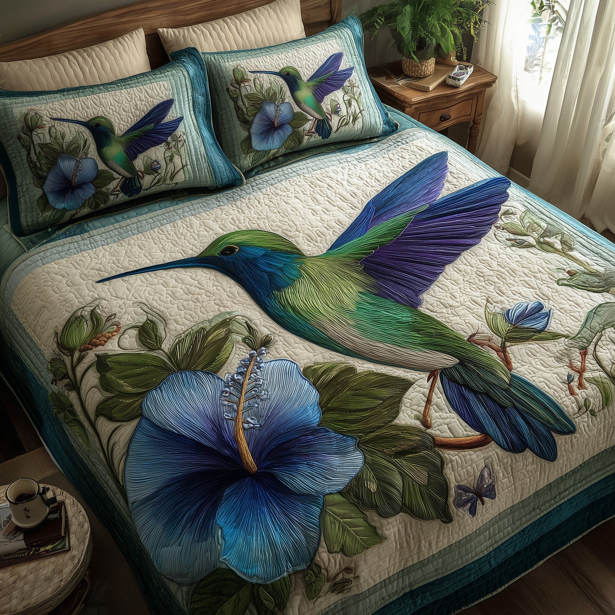 Wings Blue Petals Quilted Bedding Set Elegant Bedding