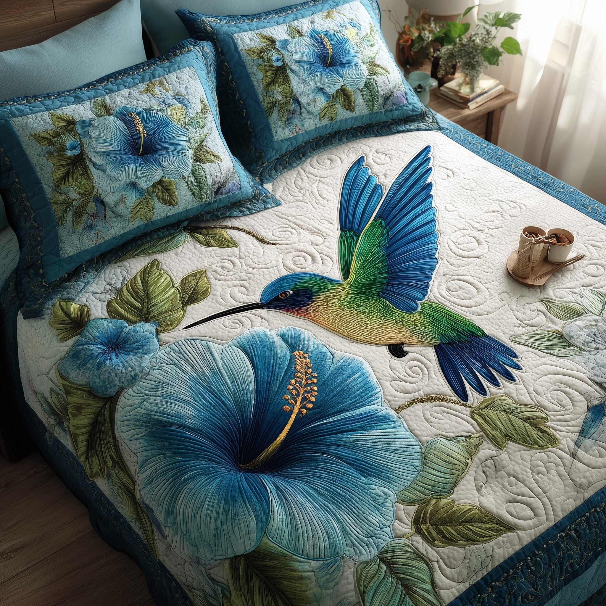 Wings Blue Petals Quilted Bedding Set Floral Print