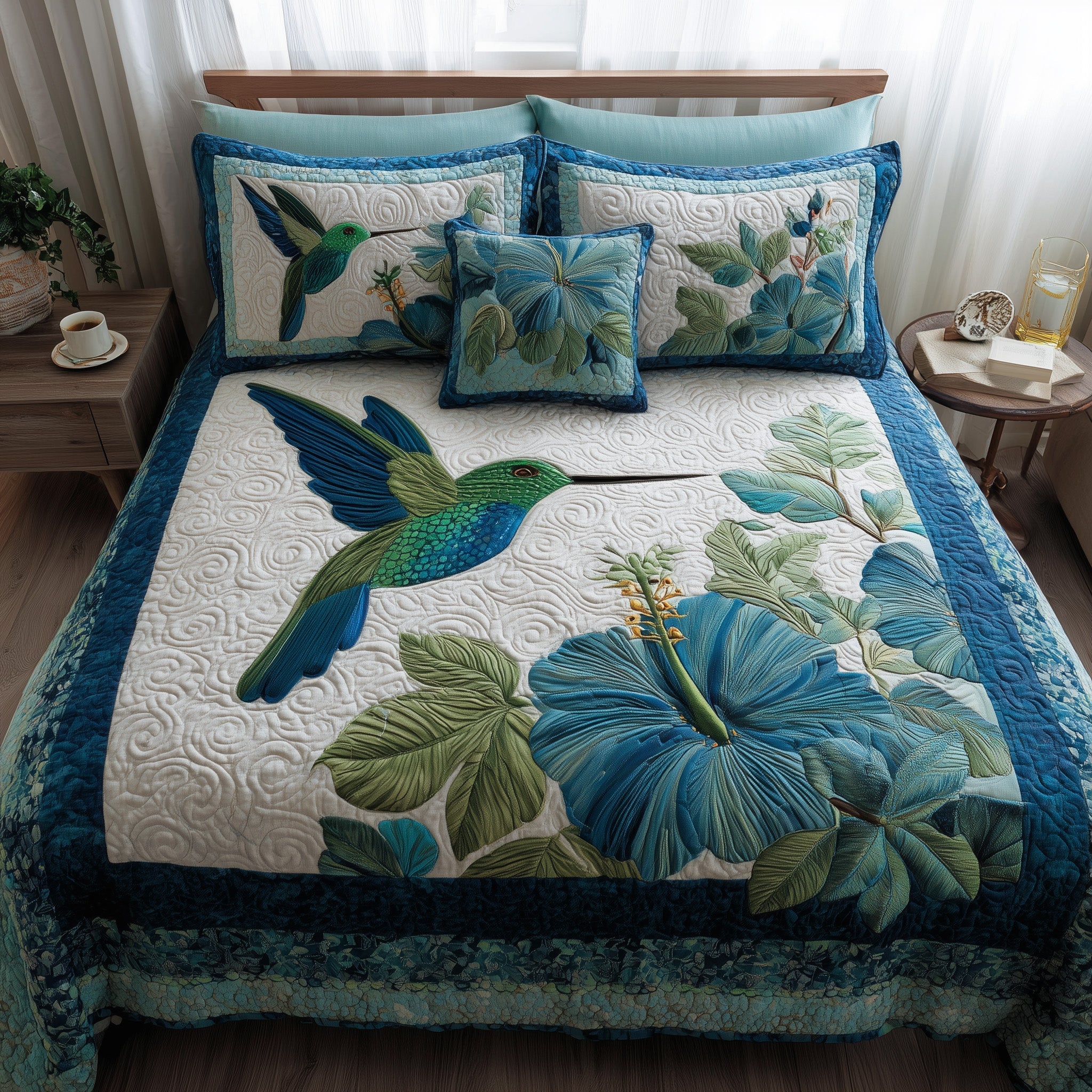 Wings Blue Petals Quilted Bedding Set Geometrical Pattern