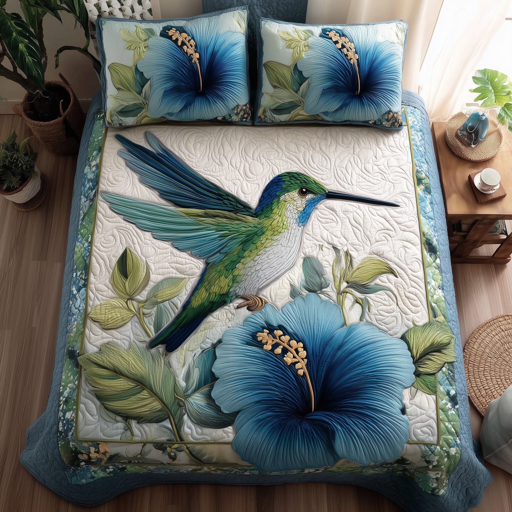 Wings Blue Petals Quilted Bedding Set Refresh Your Room
