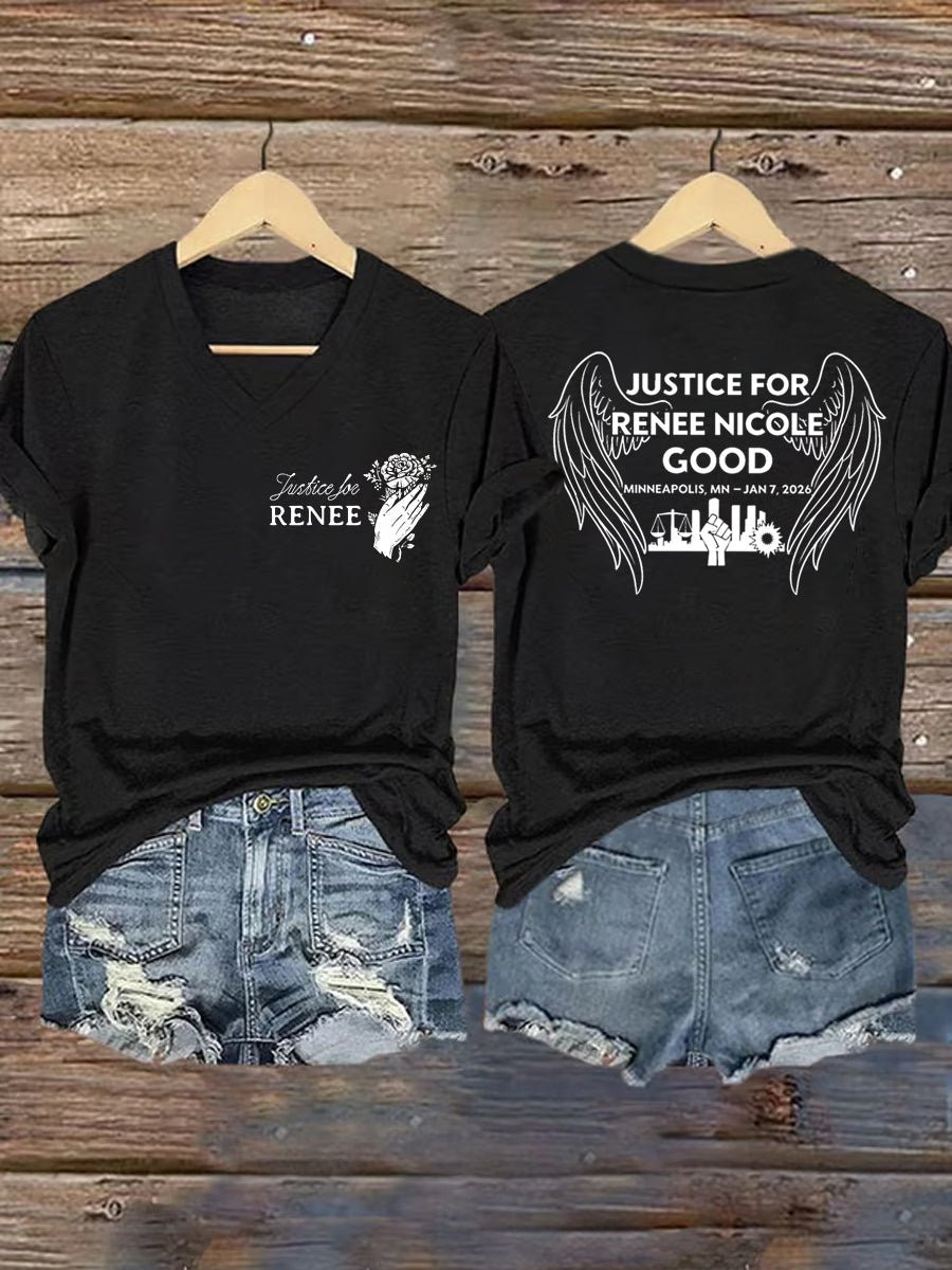 Wings Justice For Renee Nicole Good V-Neck Shirt Minneapolis Shooting Abolish ICE Merch