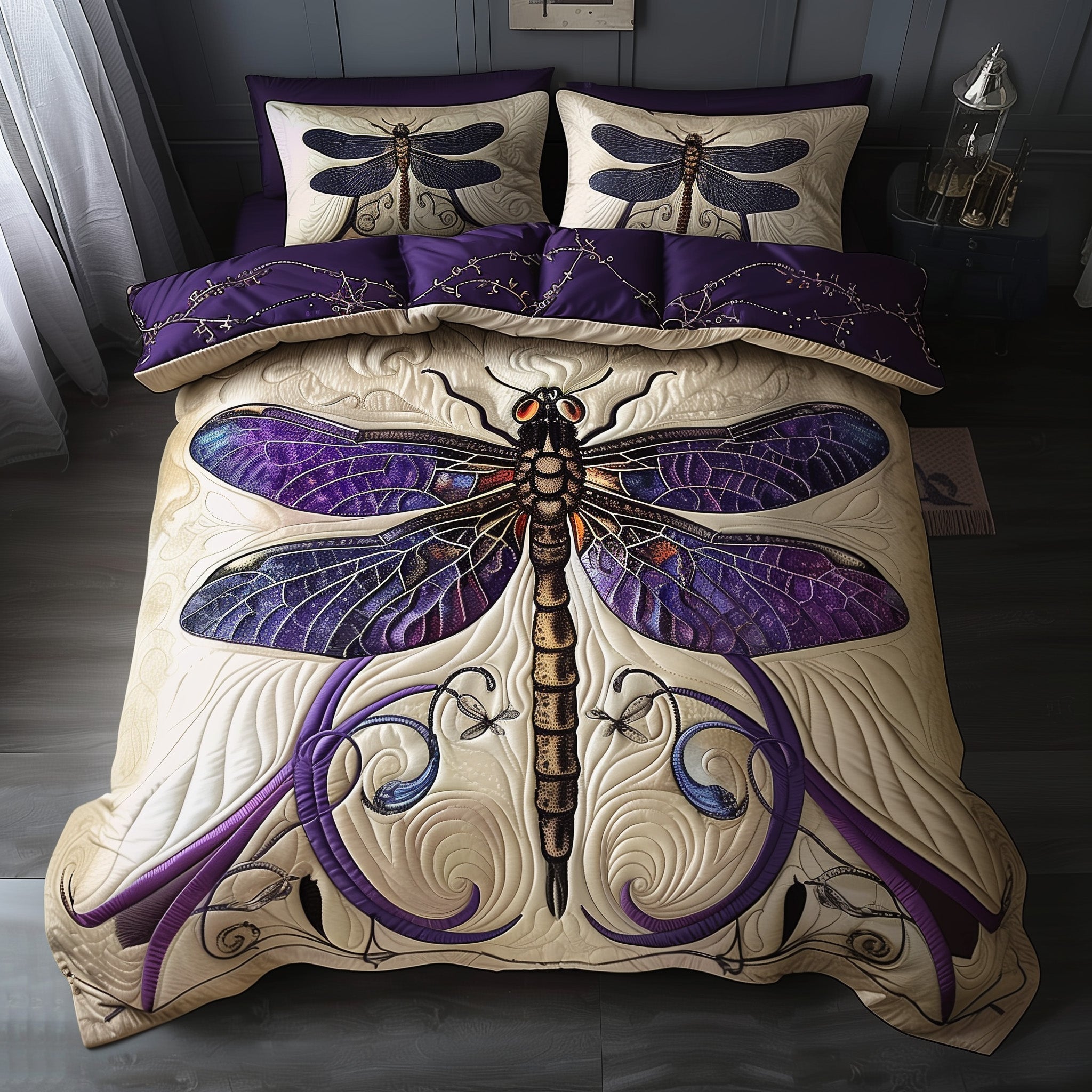 Wings Of Serenity Duvet Quilted Bedding Set Dragonfly Best Insect Illustration Bedding Gifts