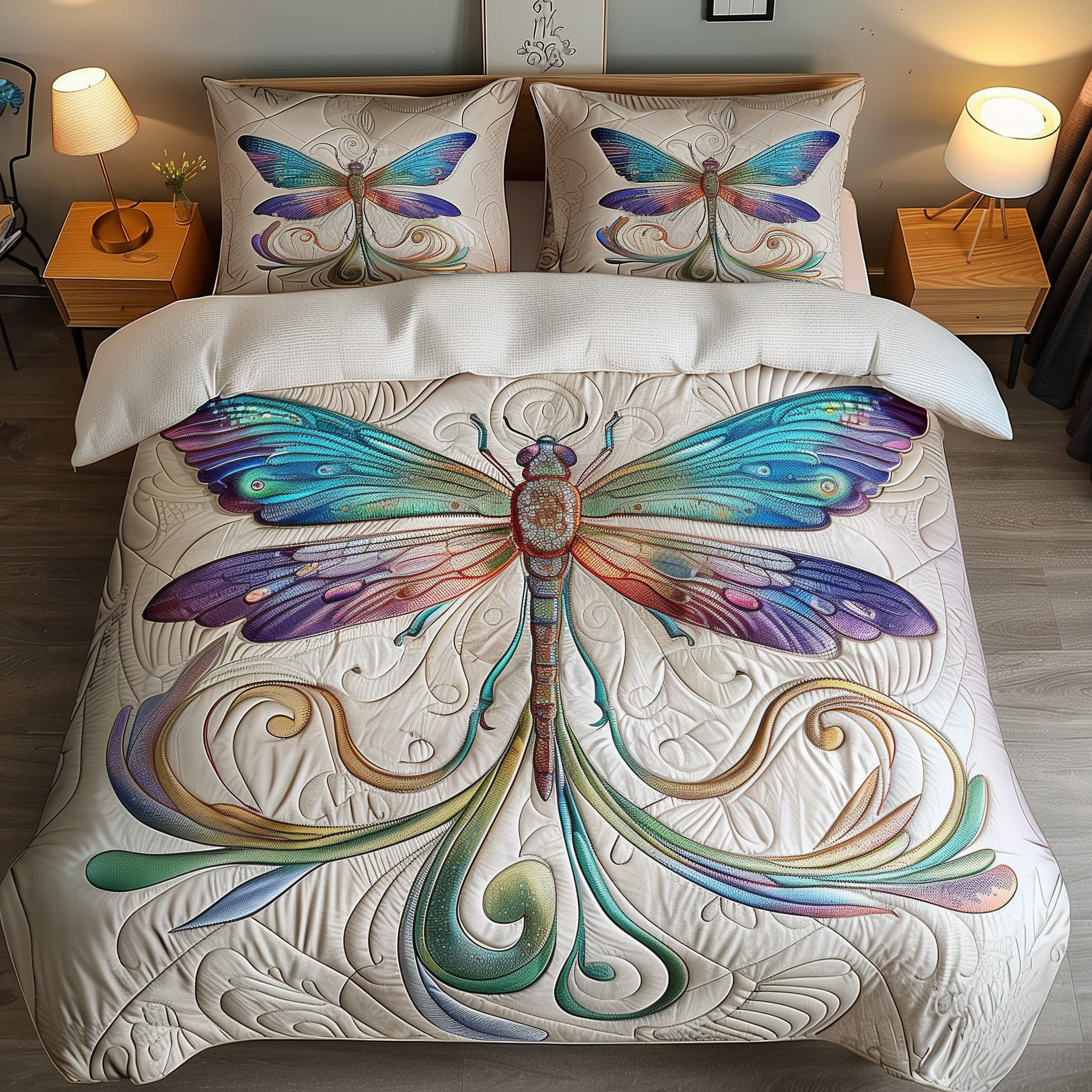 Wings Of Serenity Duvet Quilted Bedding Set Flying Insect Decor Best Dragonfly Bedding Gifts